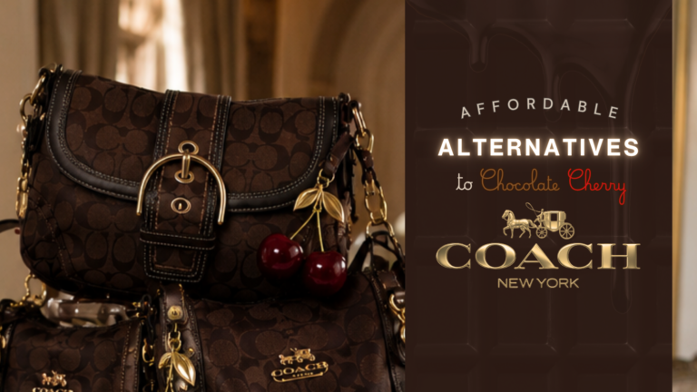 A brown, vintage Coach Soho bad with a bright red cherry charm sit on top of a cake-like pile of vintage coach bags.