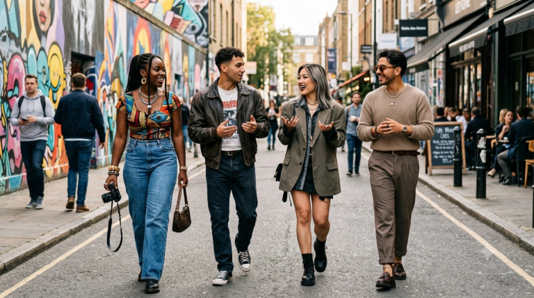 A group of four fashion-forward friends walk happily down a city street.